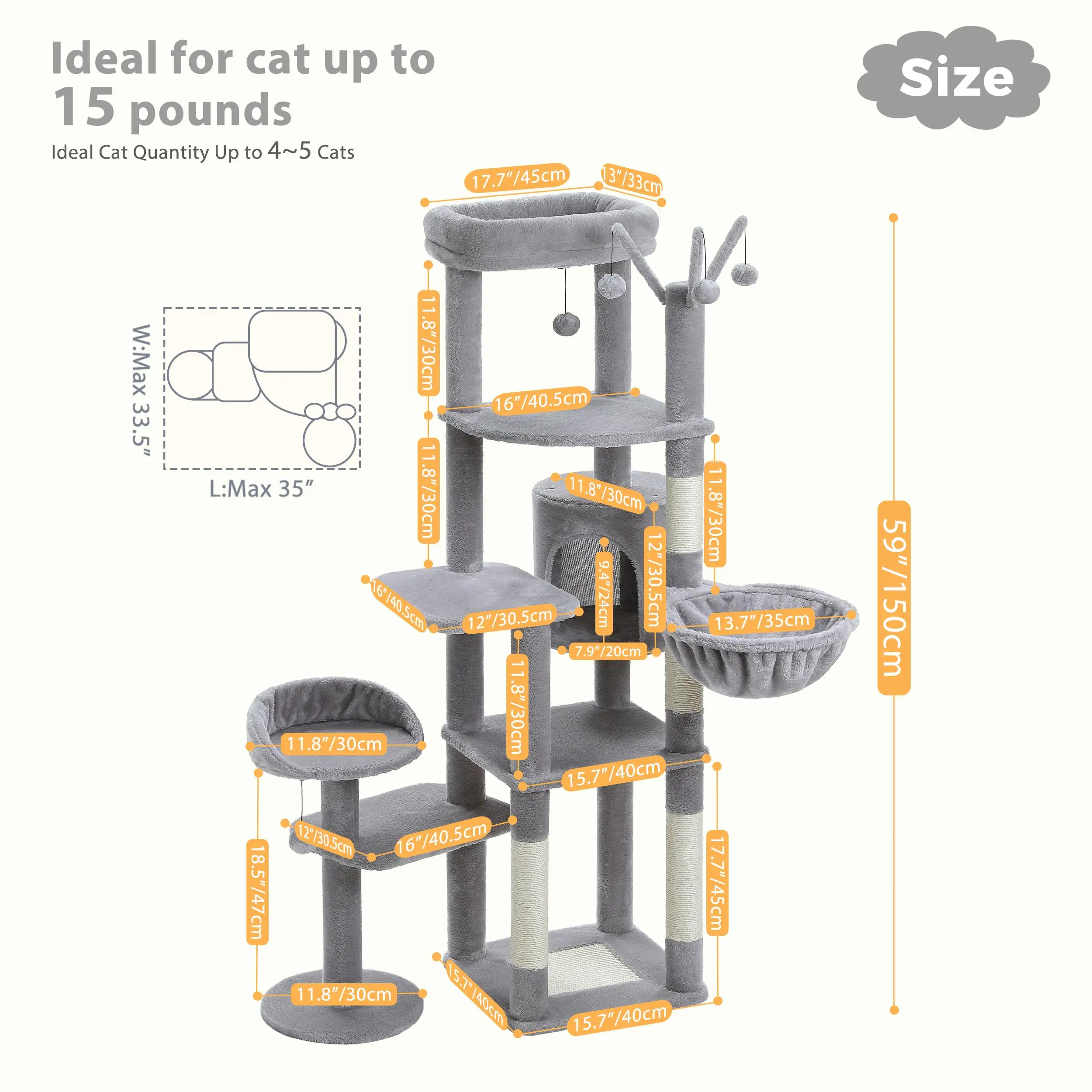 59 Multi-Level Cat Tree for large Cats with Hammock, Pompom Sticks, Scratching  & Perches - Grey