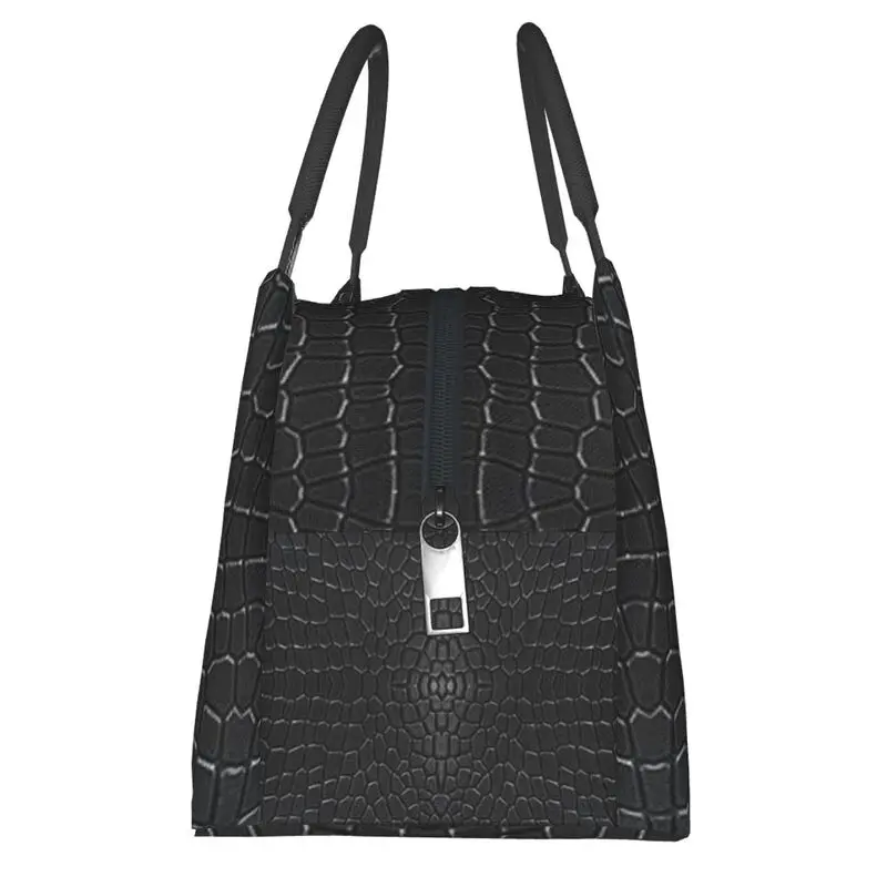 Black Crocodile Skin Leather 3D Print Insulated Lunch Tote Bag for Women Alligator Texture Resuable Thermal Cooler Bento Box