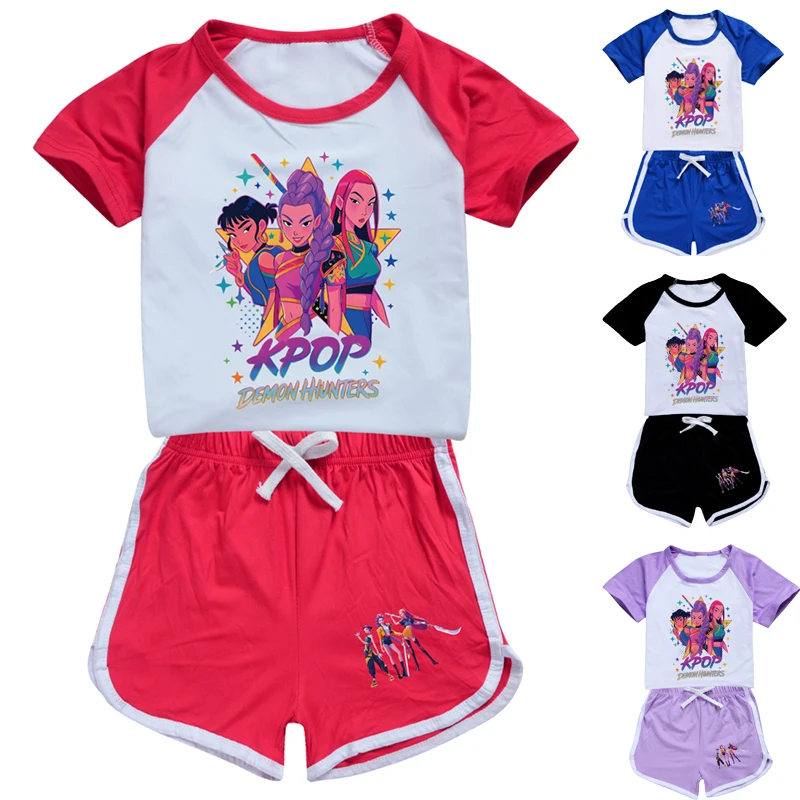 

KPop Demon Girls Boys Set Kids T shirt+Shorts Set Children KPop Demon Hunters Huntrix Clothing Casual Comfort outfits Pyjamas