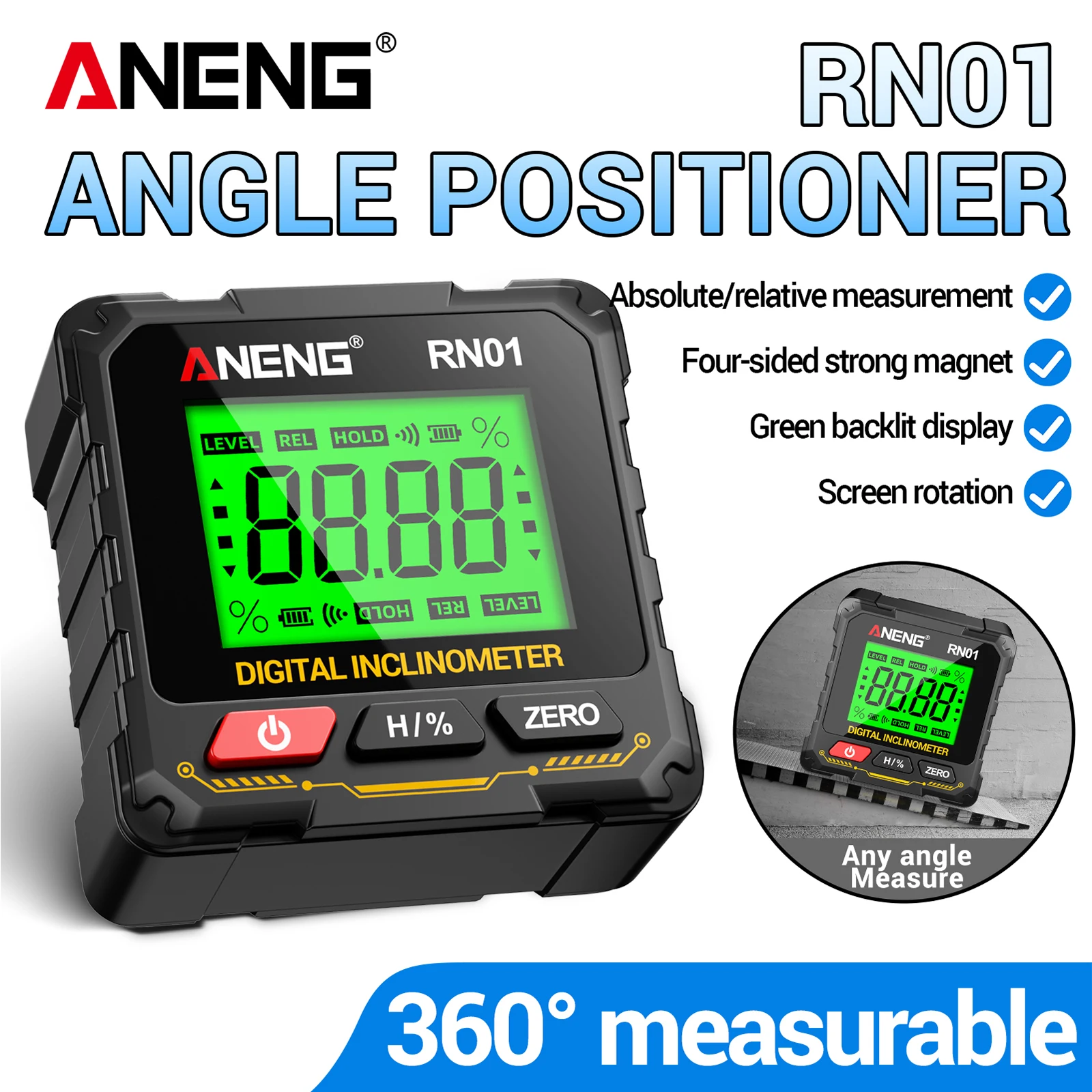 ANENG RN01 Digital Inclinometer 4-Side Strong Mag Angle Gauge 0.05° Res Slope Level Backlit Screen Woodwork Precision Measuring