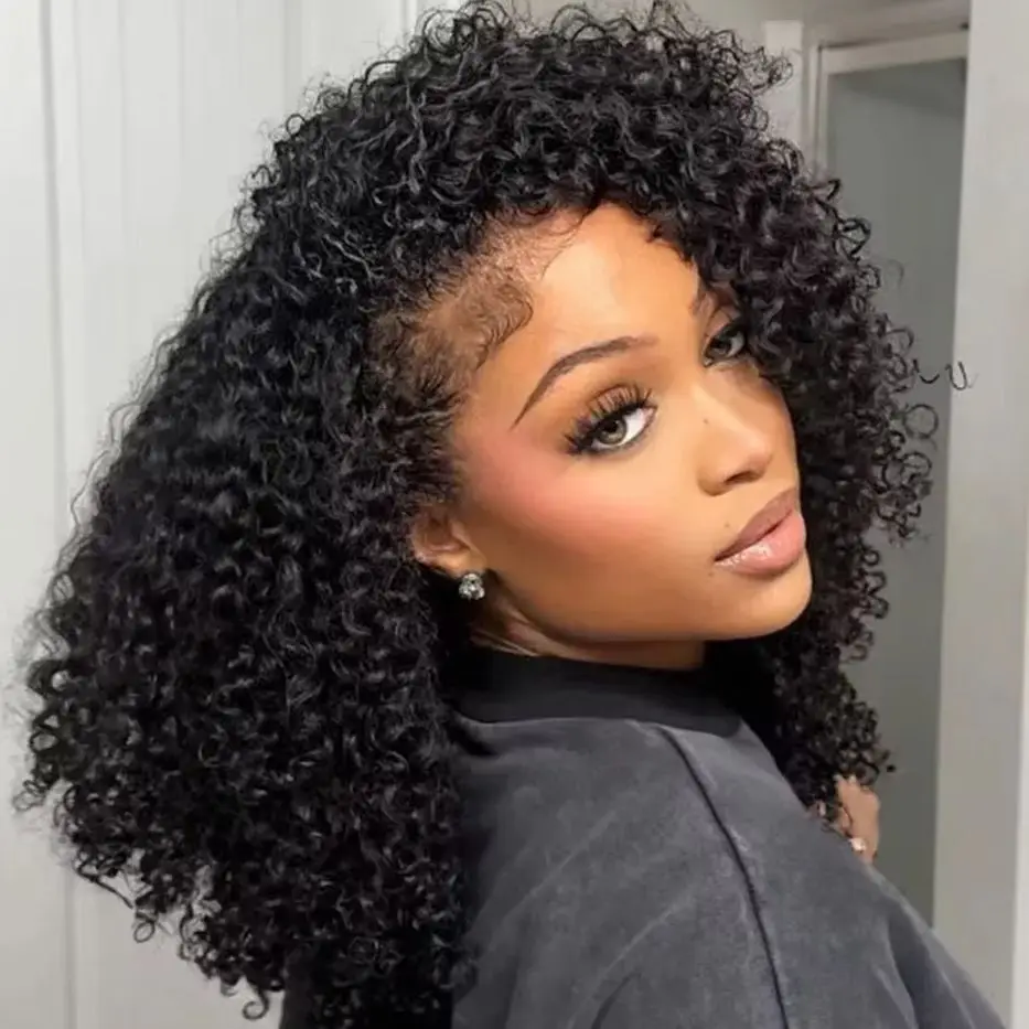 

100% Remy Hair Kinky Curly Half Wig Human Hair 3 In 1 Seamless Flip Over Wear and Go Curly Wig Drawstring Headband Wig 200%