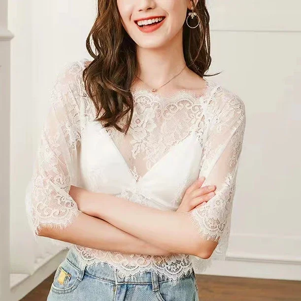 New Women Lace Floral Embroidery Blouses Shirt Black White See-through Mesh Blouses Transparent Women Shirts Ladies Summer Tops