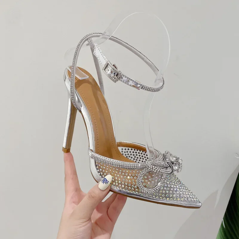 New PVC Transparent Women Pumps Sexy Butterfly-knot Crystal High Heels Pointed Toe Wedding Prom Sandals Spring Shoes Tacones