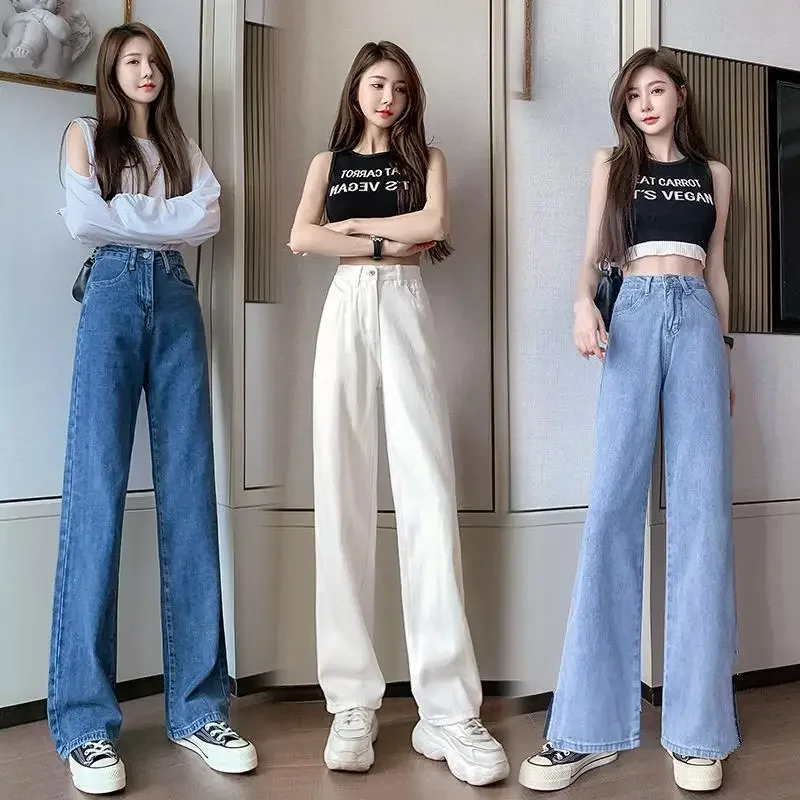 Women Jeans Basics Straight Trousers High Waist Loose Vintage Denims Zipper Fly Causal Denim Full Length Female Wide Leg Pants