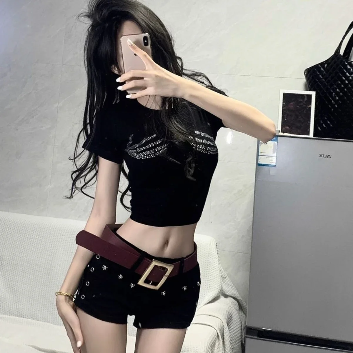 

Navel Exposure T Shirt Party Sexy Women's Short Sets 2 Pieces With Crystals Female Shorts New Coordinated Kit Products Promotion