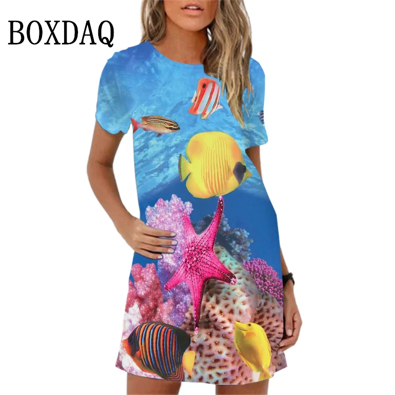 New Summer Women Dress 3D Print Mermaid Pattern Elegant Sweet A-line Dress Loose Beach Casual Short Sleeve Oversize Ladies Dress