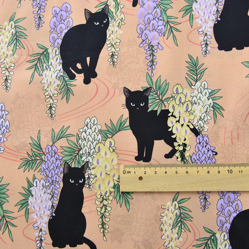 Stretch Poplin Cotton Fabric 50S Black Cat Printed for Sewing Clothes DIY Handmade by Half Meter