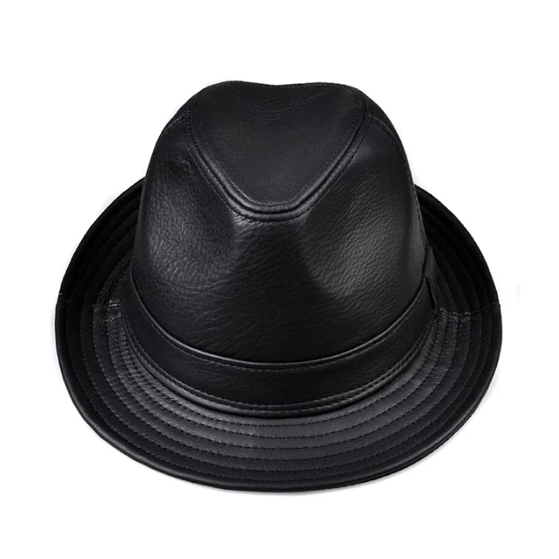 New 2023 Man High Quality Genuine Leather Formal Hat Jazz Gentleman Cow Skin Short Brim Black/Brown Top Hat Male Shows Perform