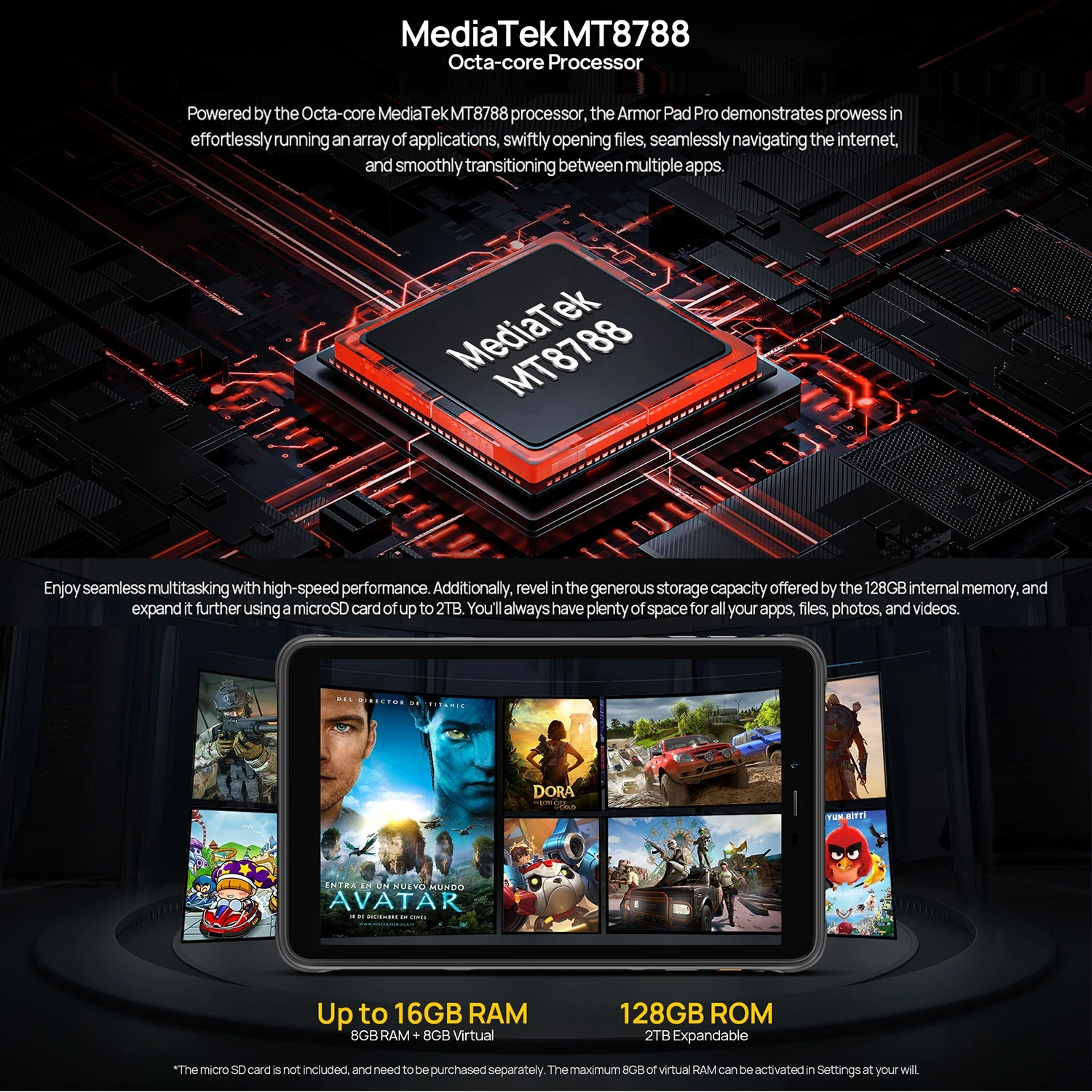 Ulefone Armor Pad Pro Robuster Tablet-PC 8 GB + 128 GB IP68/IP69K 8'' Android 13 MT8788 48 MP 7650 mAh 4G Tablet-PC