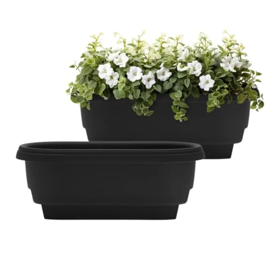 

24" Plastic Deck Rail Planter, 9" H x 24" L x 12" W, Fits Rail Sizes Between 4.75 to 5.75" Wide, Black, 2-Pack