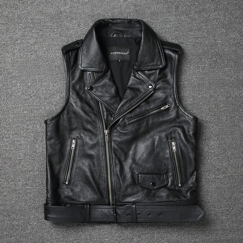 

Spring Classical Motorcycle Oblique Zipper Sleeveless Jacket 100% Cow Leather Slim Short Biker Vest Male Cowhide Punk Waistcoats