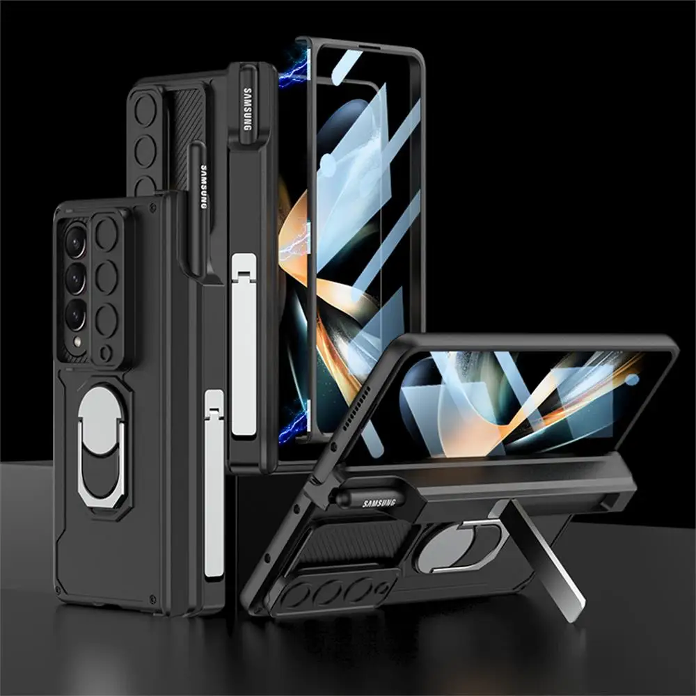 For Samsung Galaxy Z Fold 4 5G Case Magnetic Hinge Slide Lens Finger Bracket Pen Slot Holder Shockproof Cover With Tempered Film