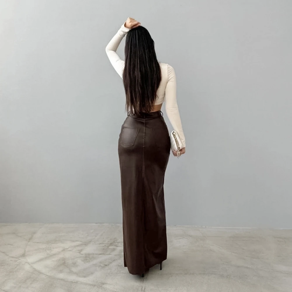 2024 European And American Style Fashionable PU Leather Solid Color Splicing Design Sense High Waist Slit Slim Fit Long Skirt