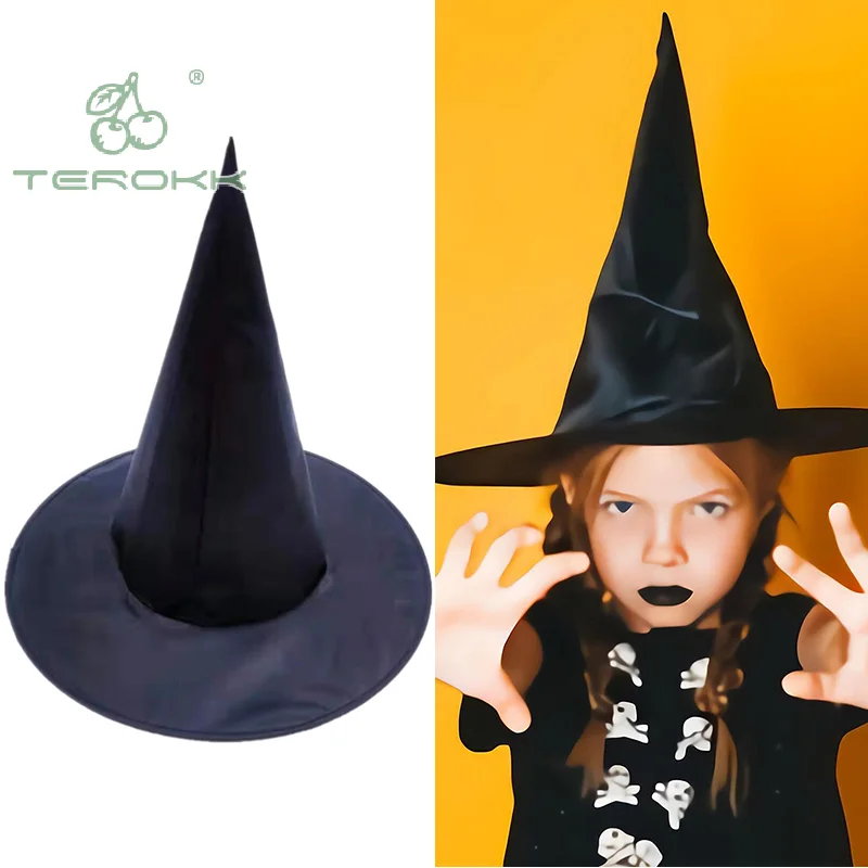 Cappello di Halloween cappello da mago in taffetà di poliestere nero puntelli per Costume da trucco cappello da strega magico abbigliamento per feste di Halloween