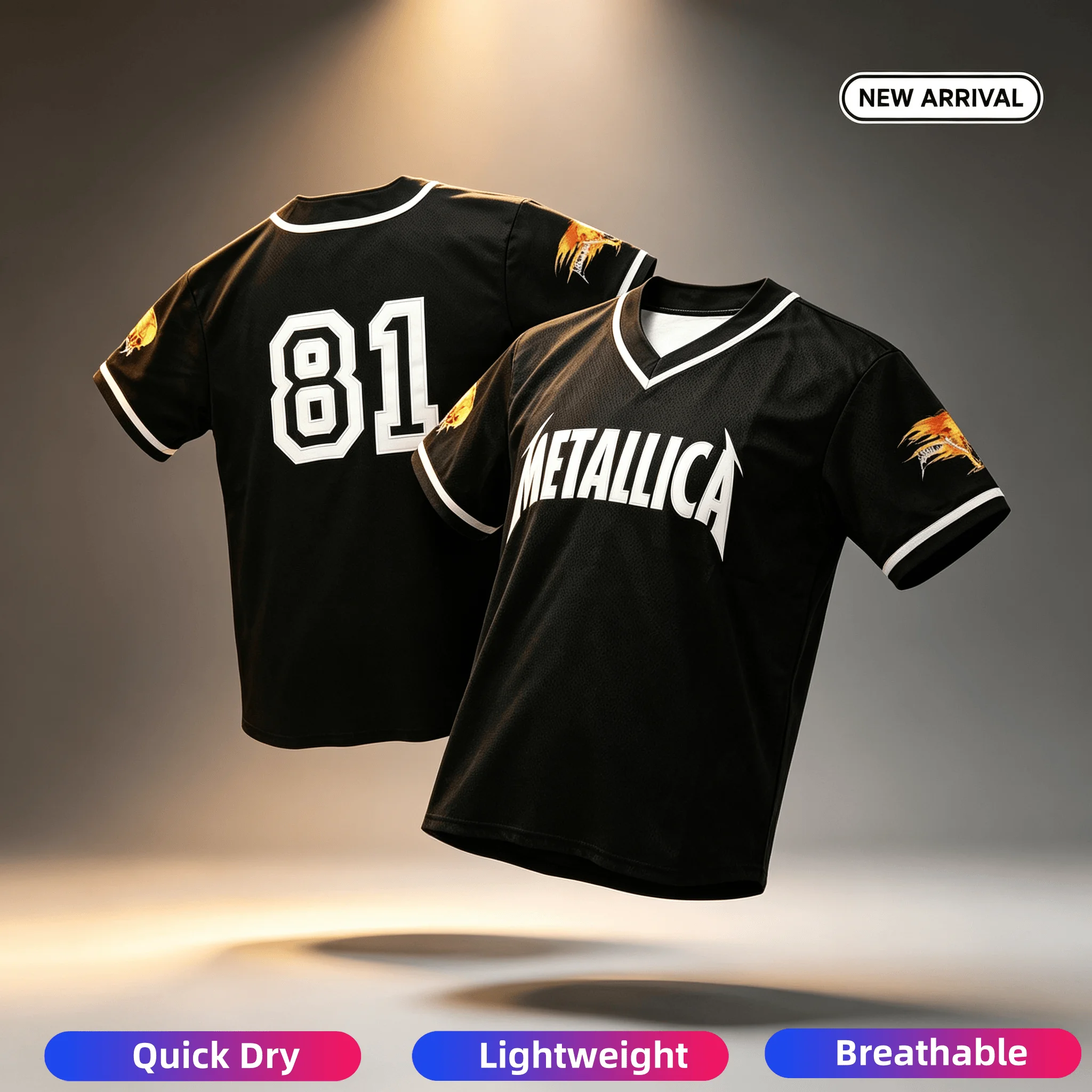 Metallica 1981 Schwarze Retro-Baseball-Trikots 3D T-Shirt Rockband Unisex Herren- und Damen-Familien-Kurzarm-Lose-Oberteile – Detail 2