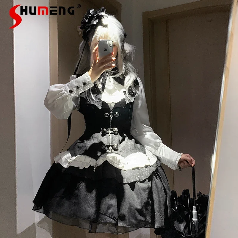 

Daily Wear Dark Goth Lolita Waistcoat Top Skirt Matching Set Spring And Autumn 2025 Japanese Rojita 3 Piece Suit Women's Outfits