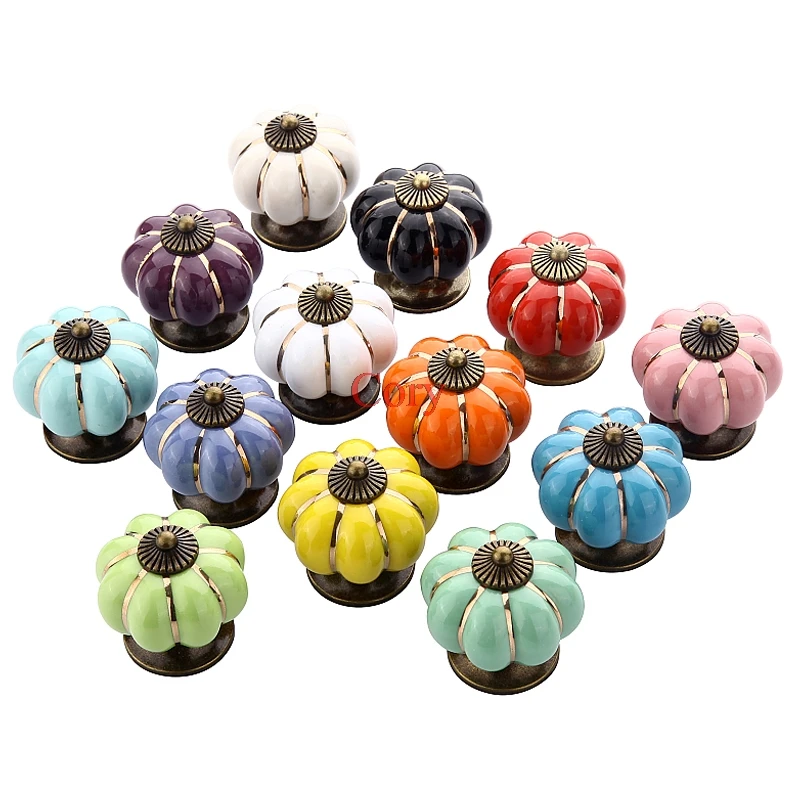 1Pc 40mm Vintage Furniture Handle Door Knobs Pumpkin Ceramic Cabinet Handles European style Drawer Cupboard Pull Handle CZYC