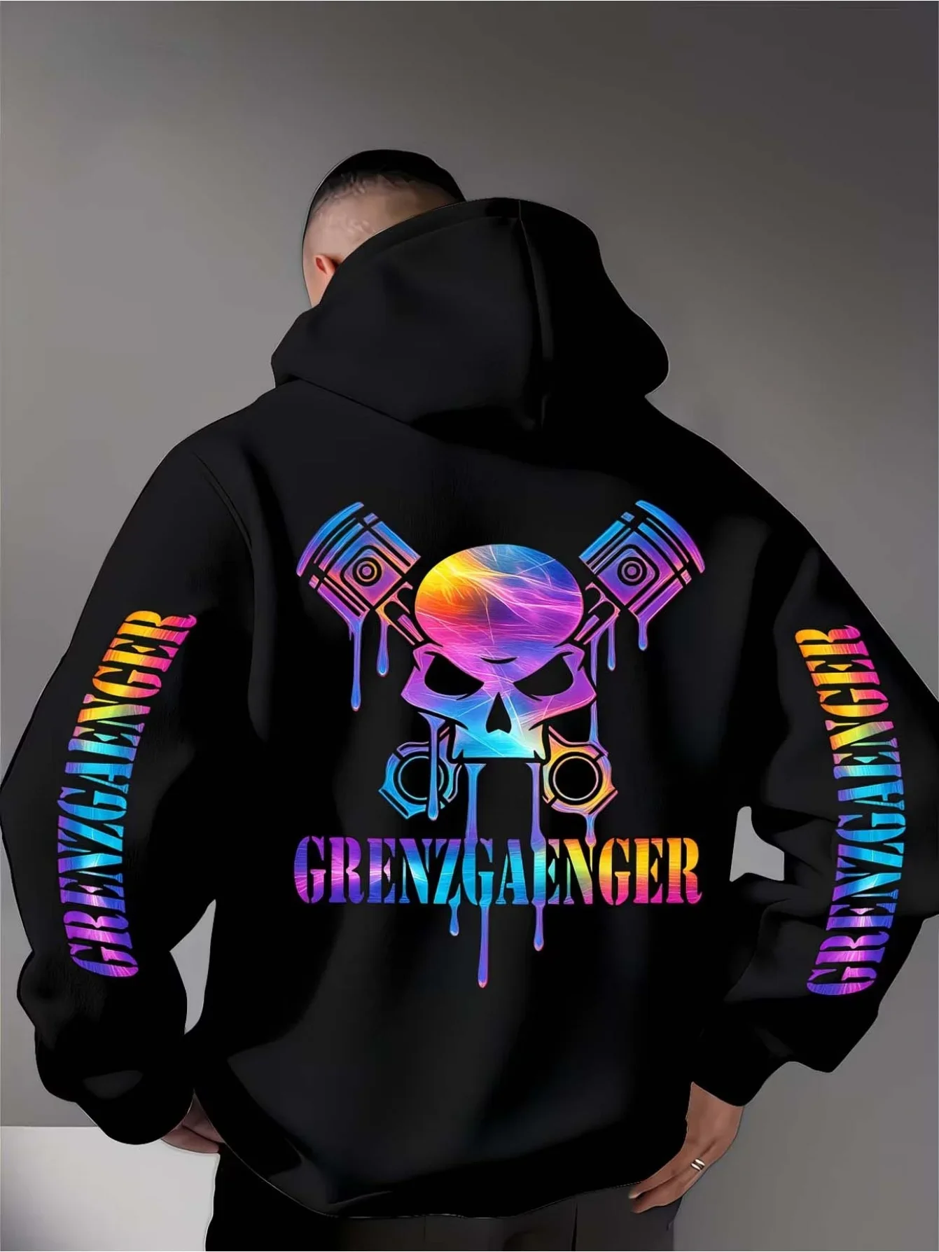 Men's Skull and Piston Pattern Hoodie for Autumn/Winter - Rainbow Drops - GRENZGAENGER Letter Print Motorcycle Pullover