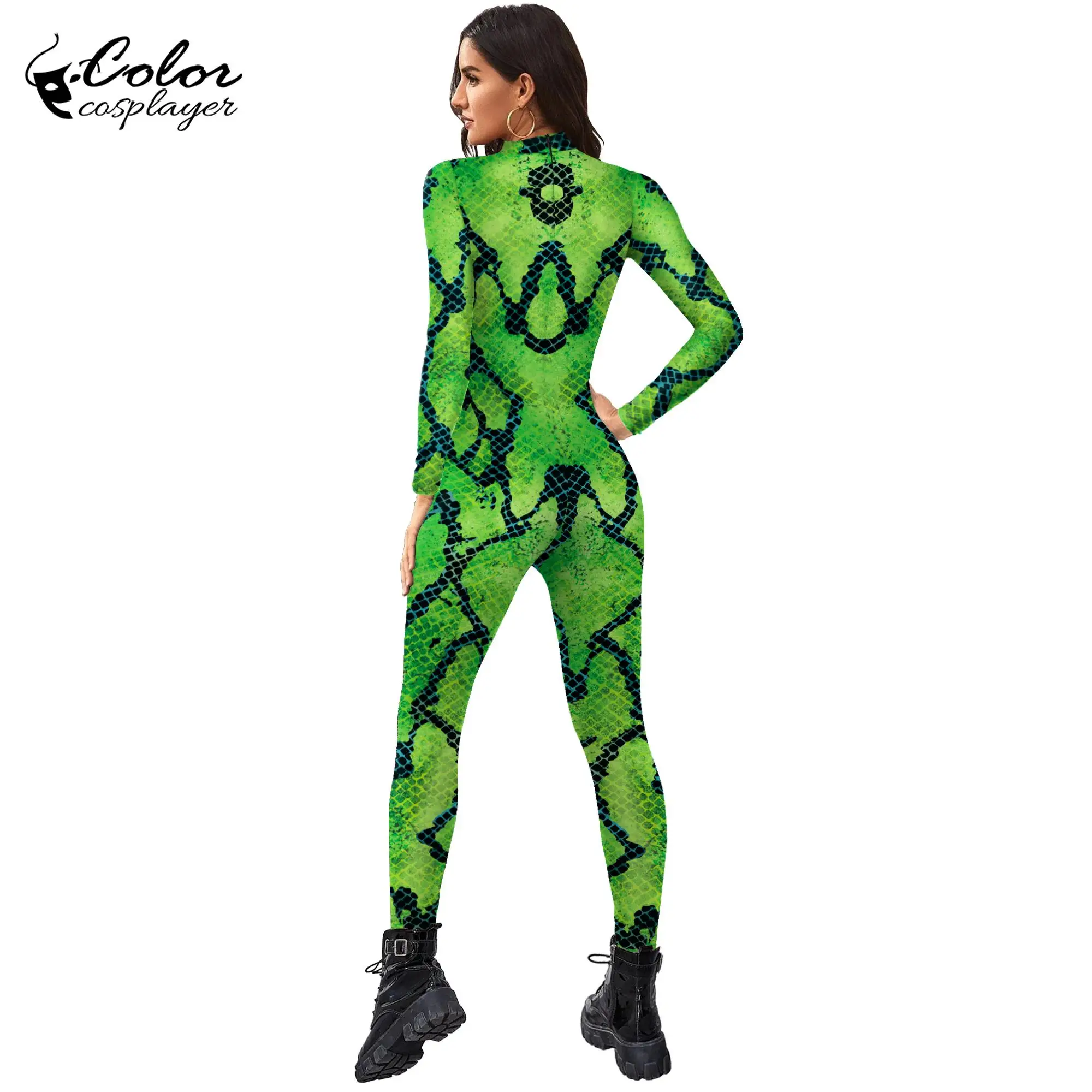 Kolor Cosplayer Green Snake Jumpsuit Halloween Cosplay Costume Adult Unisex Bodysuit 3D Print Long Sleeve Purim Carnival