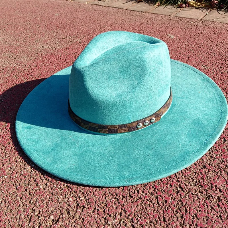 Sombrero de gamuza Fedora verde aguacate para hombres y mujeres, cinturón a cuadros, parte superior de gota de agua, ala grande, sombrero de gamuza