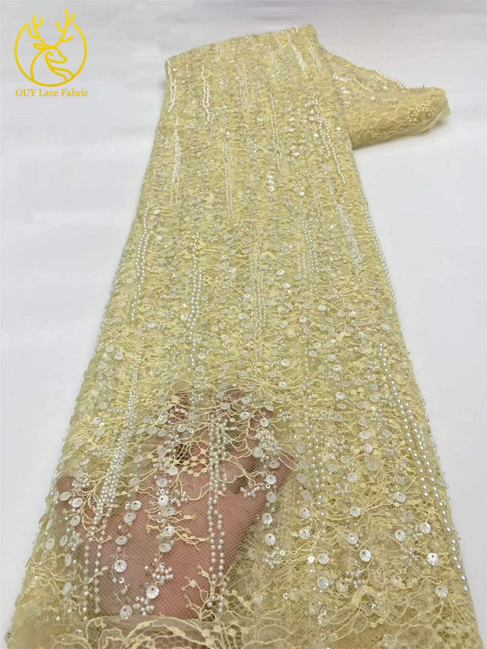 Afrikanischer Spitzenstoff, hochwertige französische Stickerei, Perlen, Pailletten, Tüll, Netzspitze für Frauen, Hochzeitskleid, Nähzubehör, 5 Yards – Detail 15