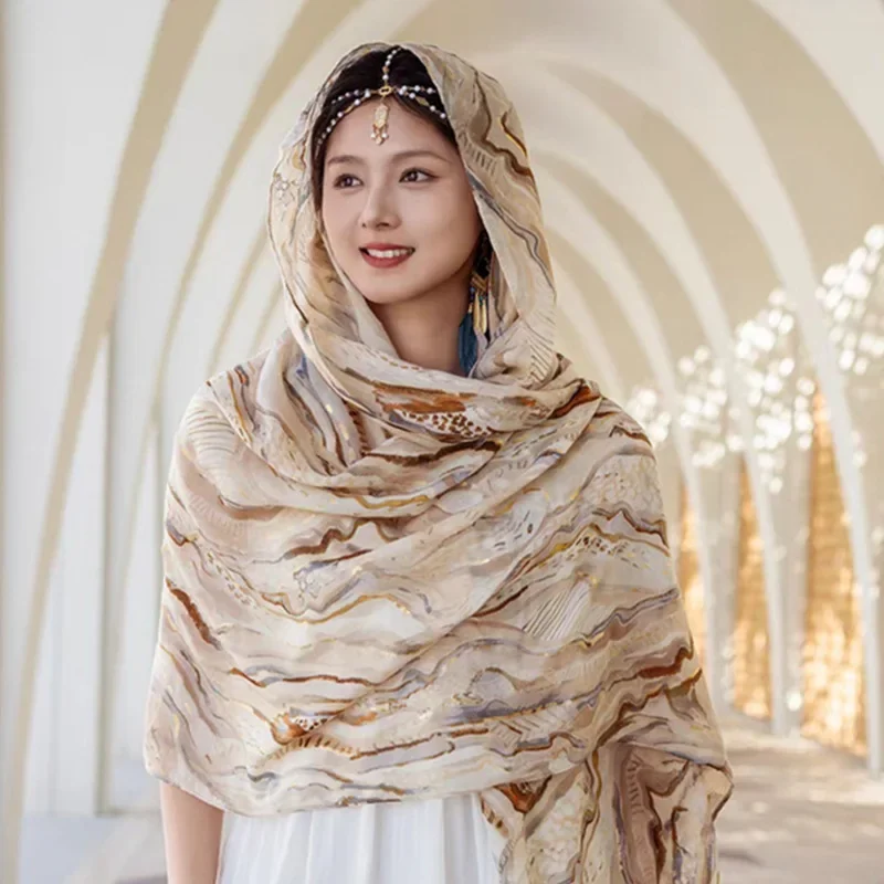 180*90 سنتيمتر الصحراء السفر الذهب طباعة شال المرأة الصيف رقيقة وشاح الشاطئ التستر بوهو شيك وشاح