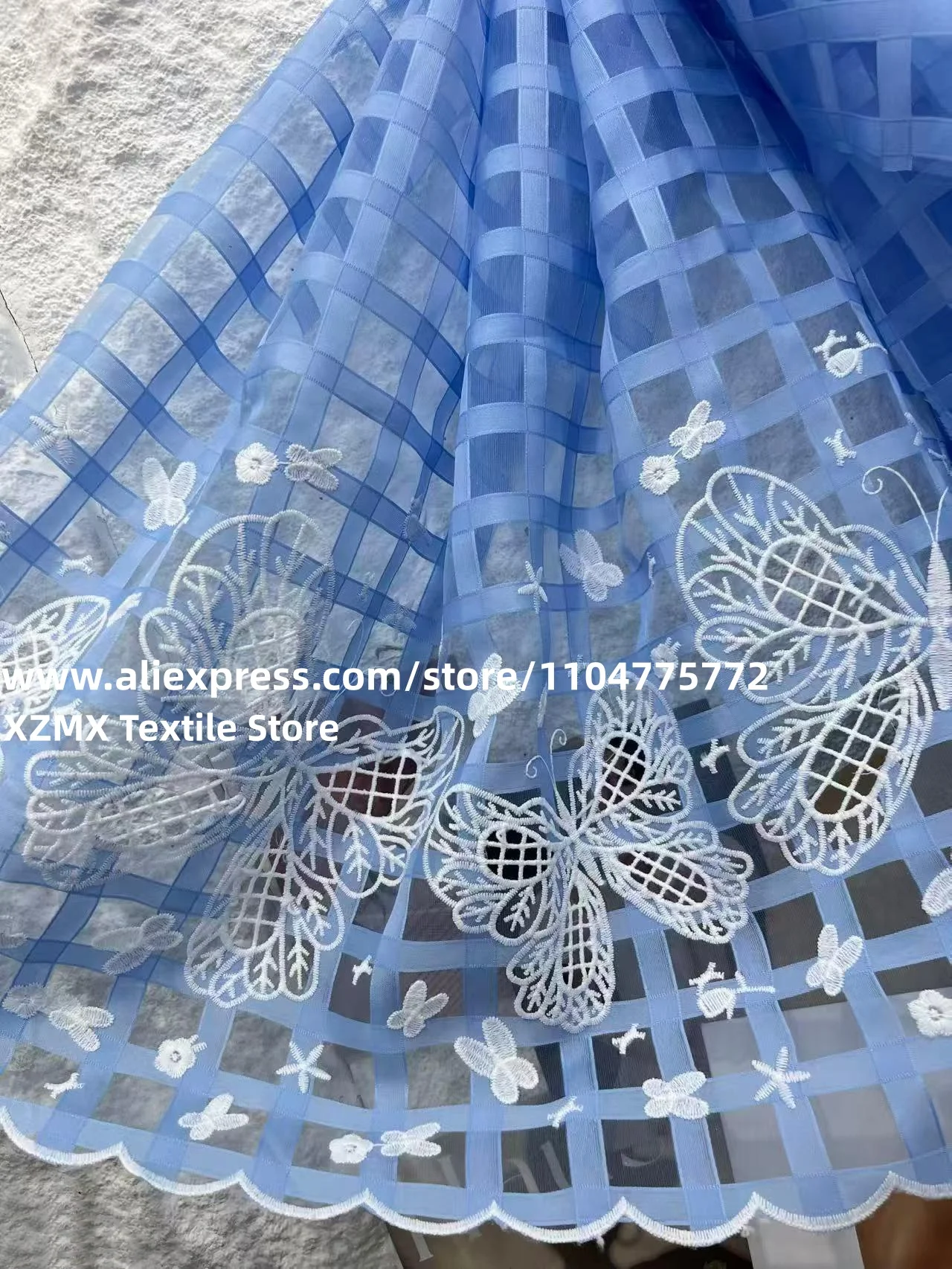 Light Blue Checkered Organza With Butterfly Embroidery Hollow Mesh Fabric Scallop Trim For Party Dress DIY Garment Making