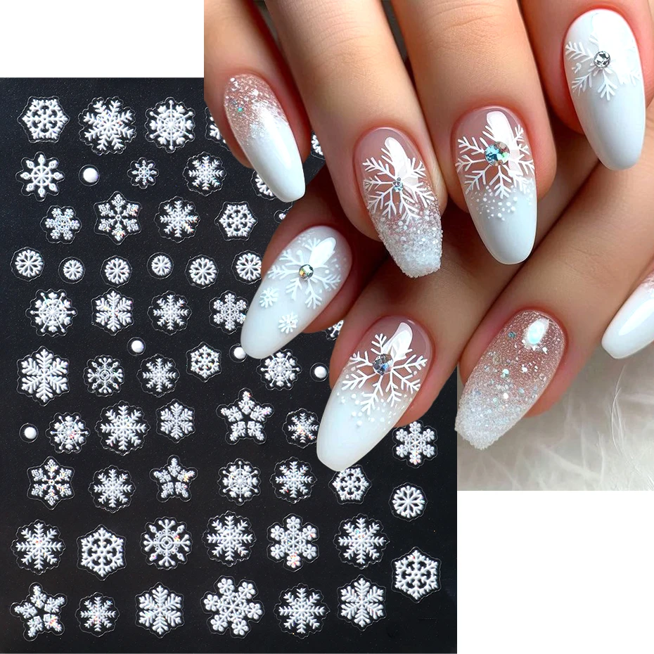 2 uds. De pegatinas para decoración de uñas con purpurina de copo de nieve blanco, calcomanías para uñas nevadas de Navidad e invierno, pegatina 3D, decoraciones artísticas para uñas de Navidad, manicura