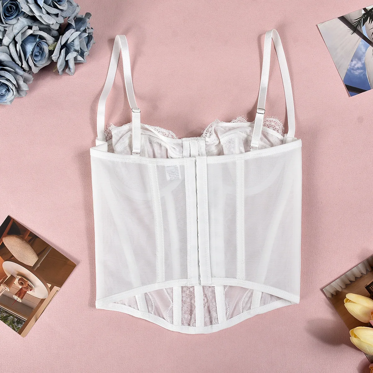 Women Lace Mesh Corset Bustier White Top Sexy Vintage Halter Tank Tops Open Back Boned Slim Sleeveless Lingerie Bodyshaper Camis