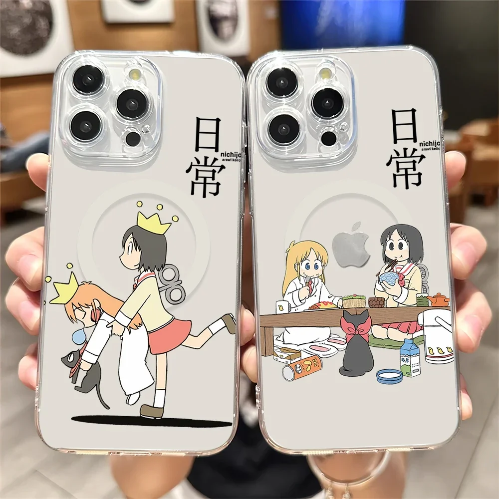 Милый чехол для телефона с изображением аниме N-Nichijou для iPhone Plus 11, 13, 12, 14, 15, 16 Pro Max, прозрачный магнитный беспроводной чехол Magsafe