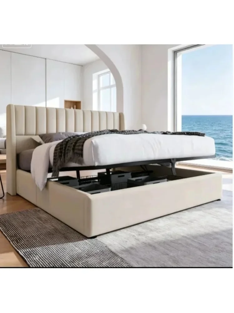 Fangange Doppelbett 160 x 200 cm, Bett mit hydraulischem Stauraum, gepolstertes Bett, Jugendbett, funktionales Bettgestell mit Lattenrost, Leinen, ohne Matratze (Beige + Leinen, 160 x 200 cm)