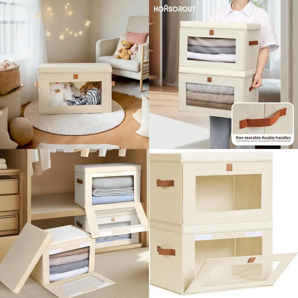 عبوتان من صناديق تخزين القماش القابلة للطي مع أغطية ونافذة، بيج، للملابس والتنظيم المنزلي