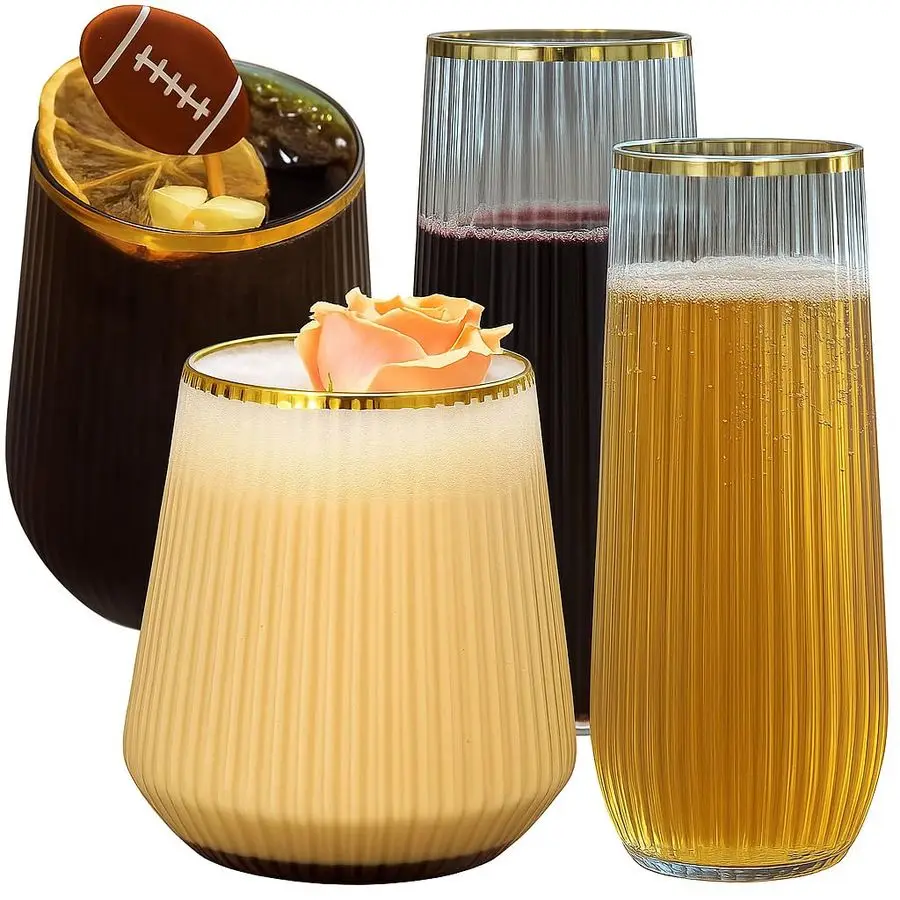 

Pack Ribbed Origami Ripple Plastic Glasses, 24 9 Ounce Stemless Champagne Flutes amp 24 12 Ounce Cups, BPAFree Disposable Shatte