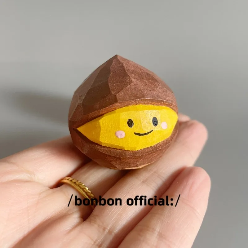 Hand Carved Solid Wood Chestnut Figurine Decorative Ornament for Car Desk Shelf Gift for Friends Classmates Creative Home Decor