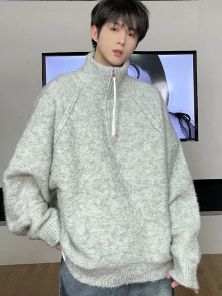 

Мужской шерстяной свитер с высоким воротником на молнии, осенне-зимний, в стиле кэжуал, модный брендовый, премиум-класса, с воротником-стойкой, вязаный.