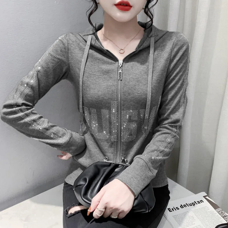 #8384Black Grey Women Hoodies Sweatshirt Tops Pullovers Diamonds Letters Slim Streetwear Short Hoodies Woman Zipper Korean Style