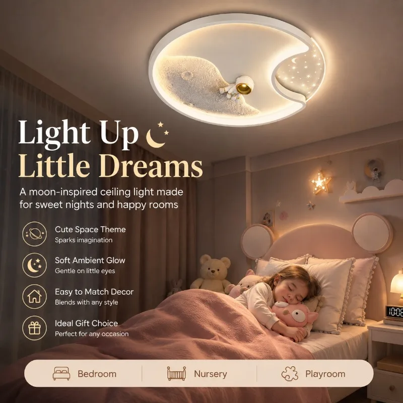 Kids LED Ceiling Light Astronaut Space Theme Cartoon Planet Lamp for Boys Girls Bedroom Nursery Dimmable Flush Mount Fixture