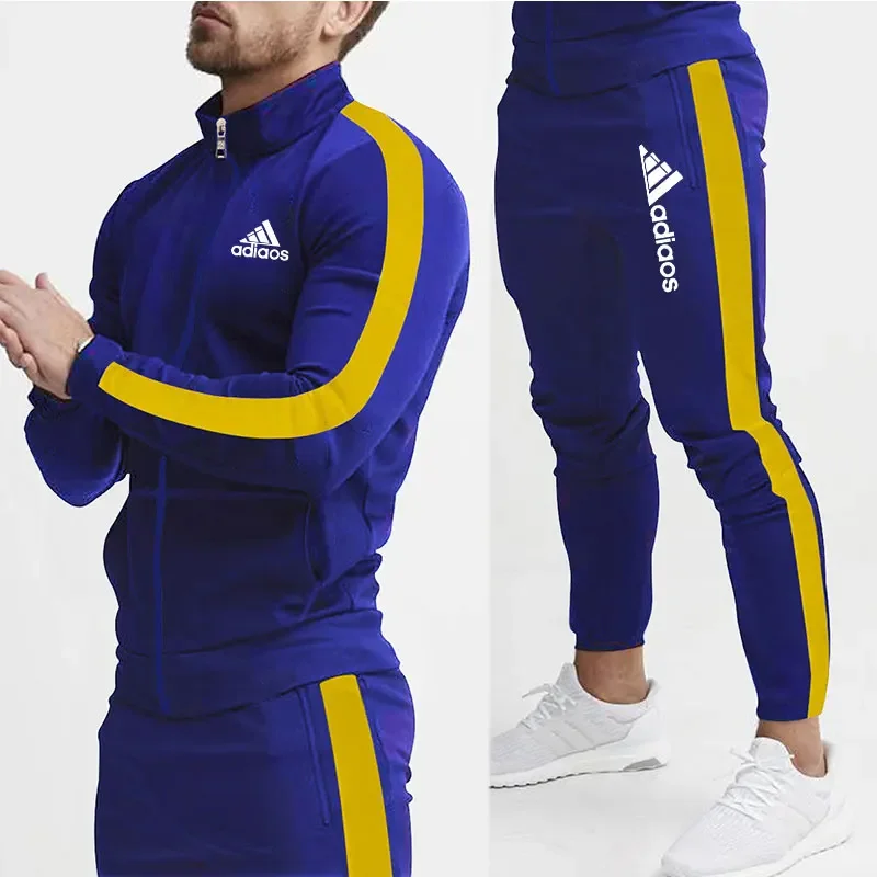 European-style Autumn And Winter New Men\'s Set Printed Color Matching Striped Tracksuit Stand Collar Jacket And Pants Suit