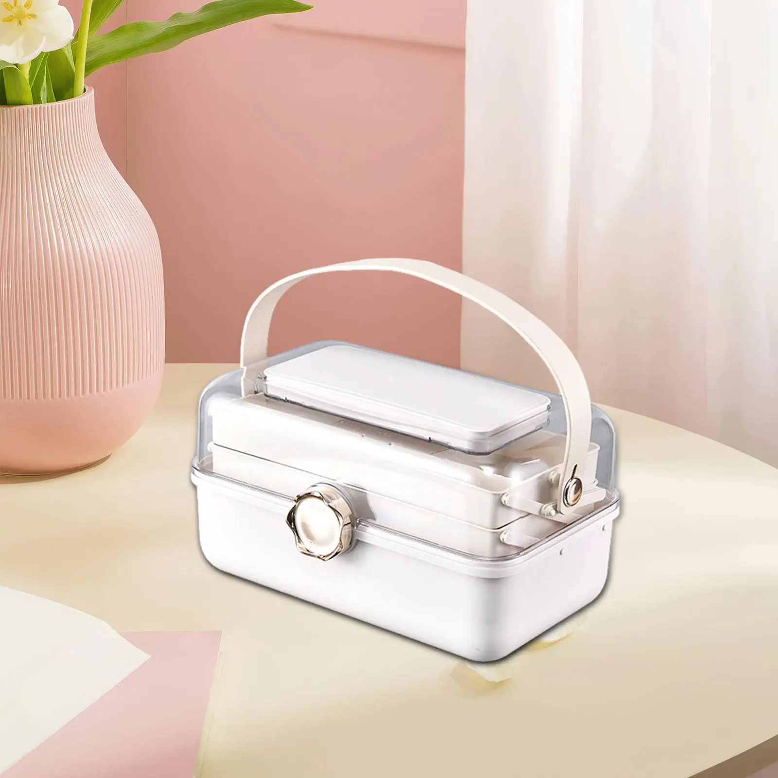 

Makeup Table Storage Box Space-saving Handheld Rotary Type Lock Dirt-proof Makeup Case for Home Perfume Lipstick Girls Women