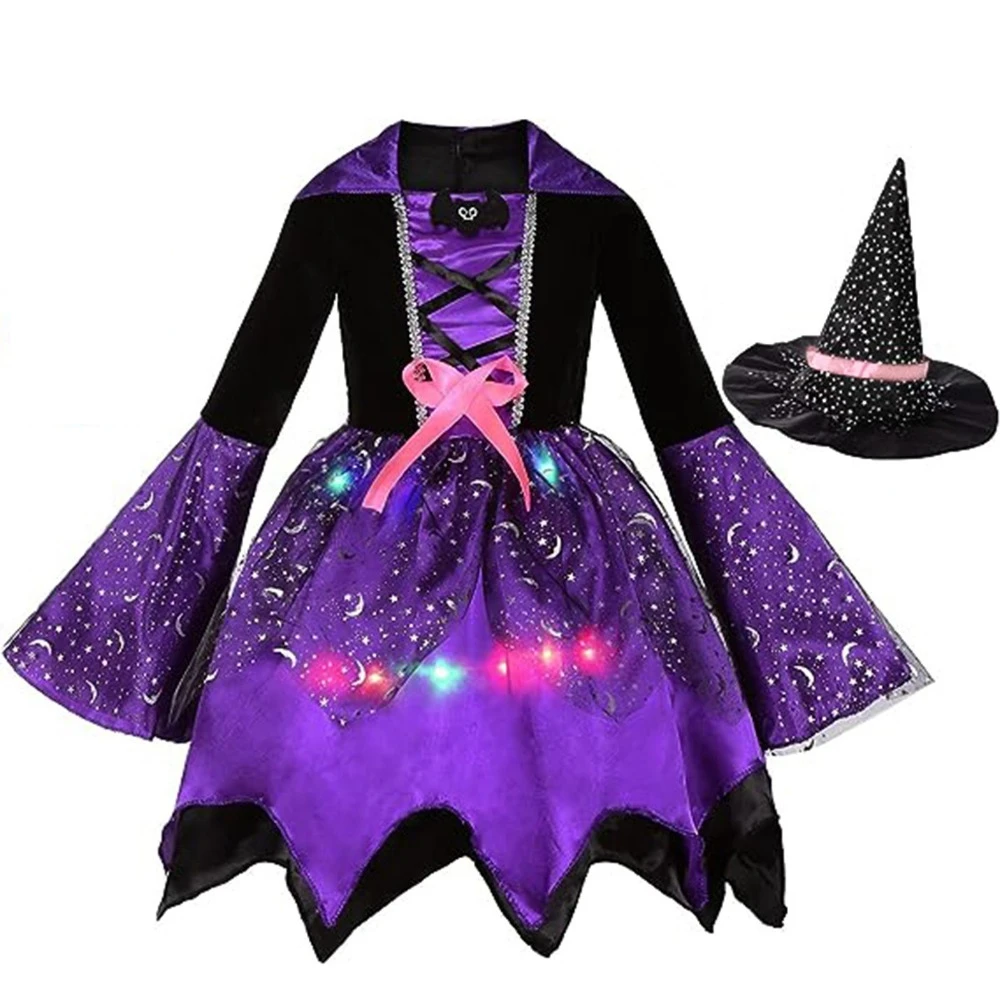 Halloween Witch Cosplay Costume para Crianças, Vestido Mágico Disfarçado, Chapéu, Conjunto completo para meninas, Roupa para festa de carnaval, Roupas de palco