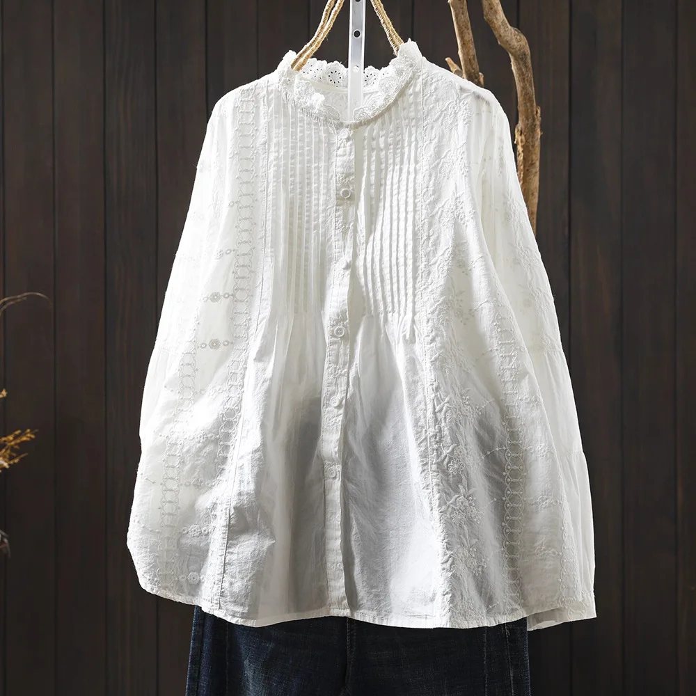 Luksusowe ubrania damskie 2026, koszule i bluzki z stójką, białe, beżowe, niebieskie, z koronką, haftowane, plisowane, z czystej bawełny, topy damskie.