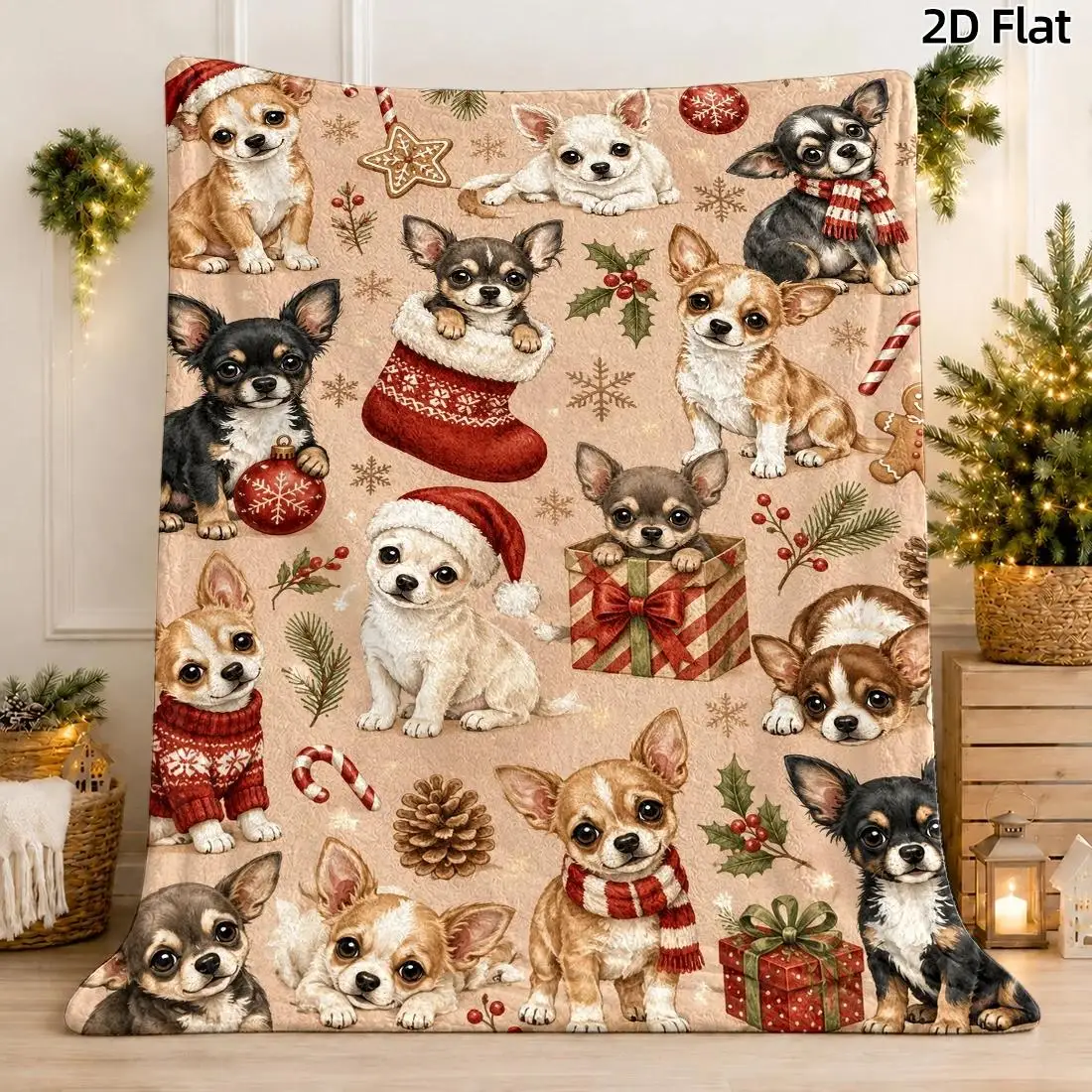 1pc 2D Flat Cartoon Blanket, Christmas Puppy Pattern, Whimsical Watercolor Puppy Illustration, Warm Red & Gold Holiday Details