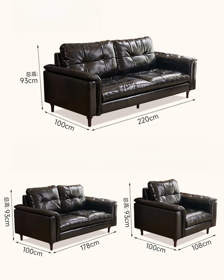 

Customizable French retro four-person oil wax leather sofa medium antique straight row small apartment American sofa combination
