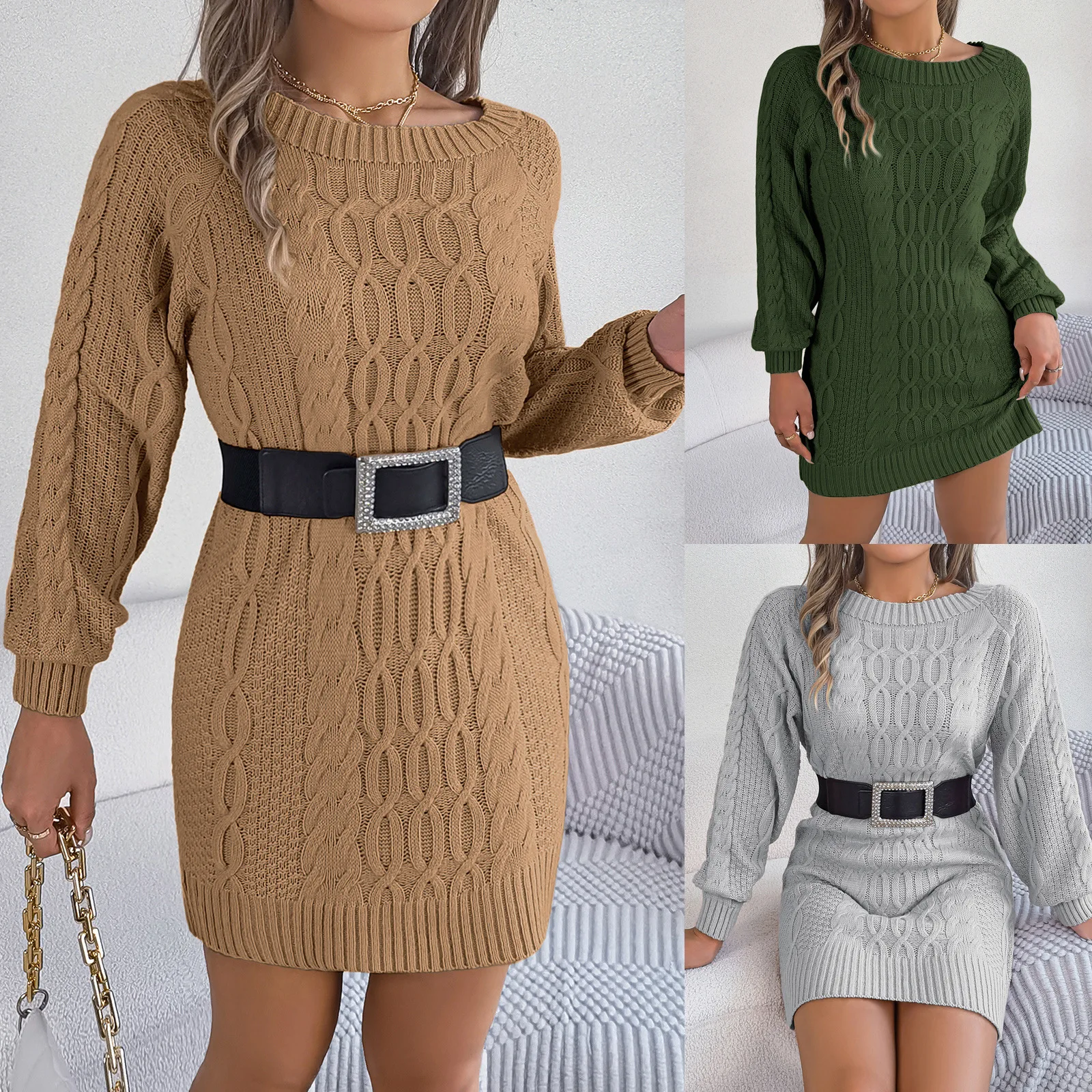 Ins Autumn and Winter 2023 New Women's Fashion Temperament Casual Solid Fried Dough Twists Lantern Sleeve Straight Woolen Dress