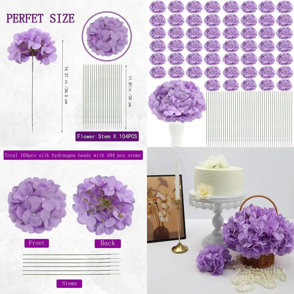 Lavender Silk Hydrangea Stems, 104 Pieces, Ideal for Weddings, Home Decor, and Garden Parties
