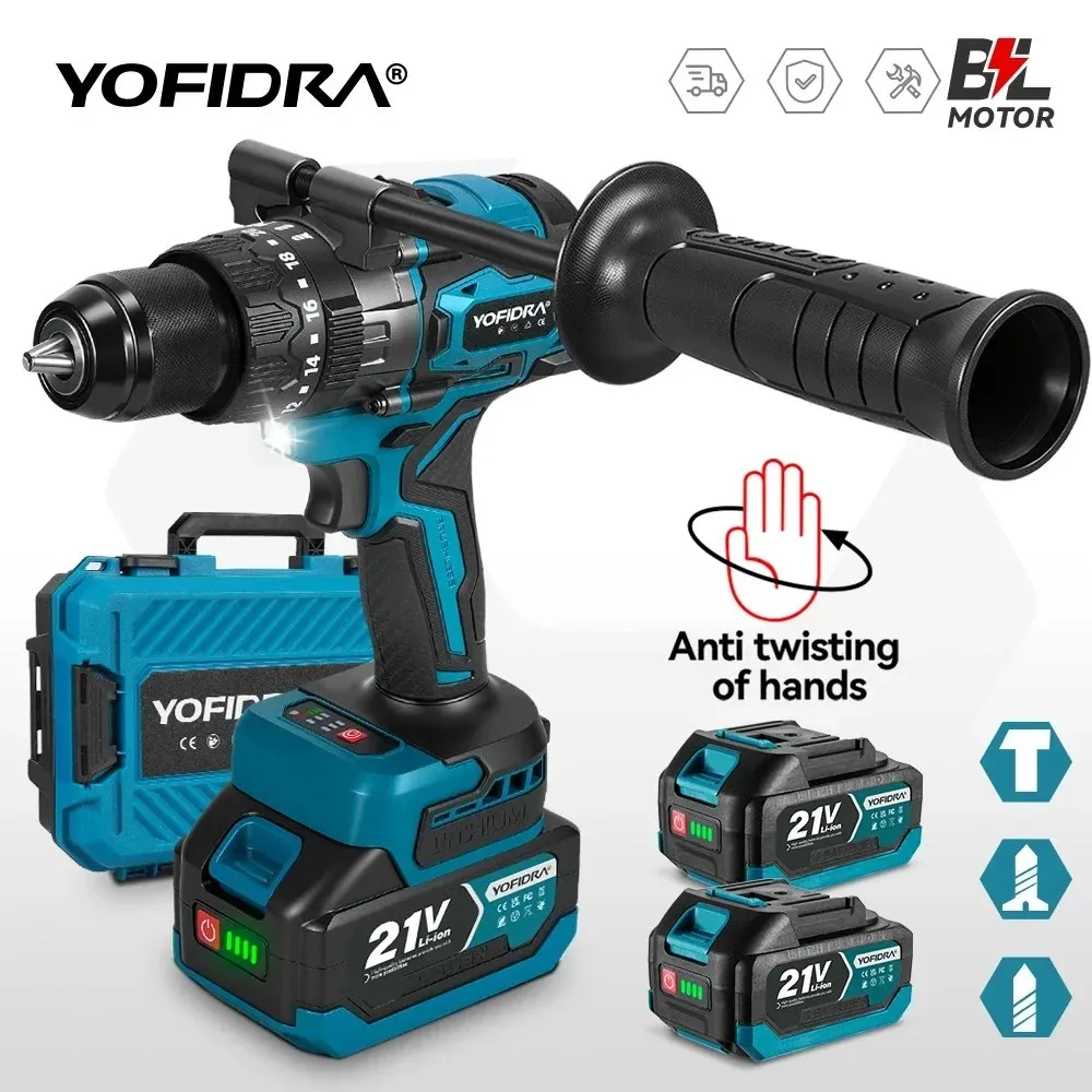YOFIDRA 900N.M Bürstenloser Elektrischer Schlagbohrer 13mm Akku-Schrauber Holzbearbeitungs-Elektrowerkzeug für Makita 21V Akku