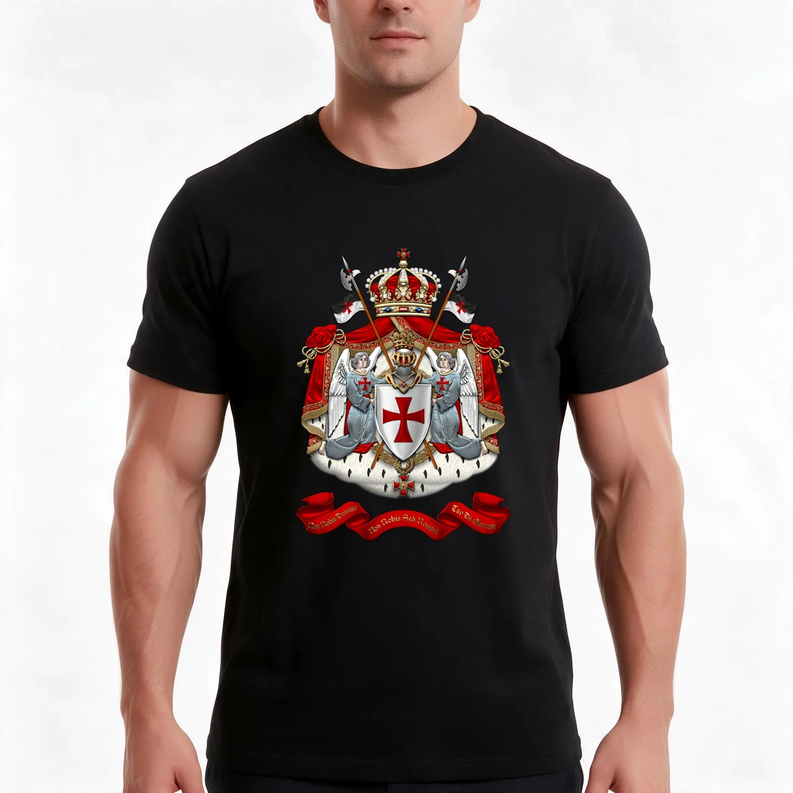 Knights Templar - Coat of Arms over Black Velvet T-Shirt, Summer Casual Cotton Tee, Oversized Streetwear Tops, Unisex Men Women