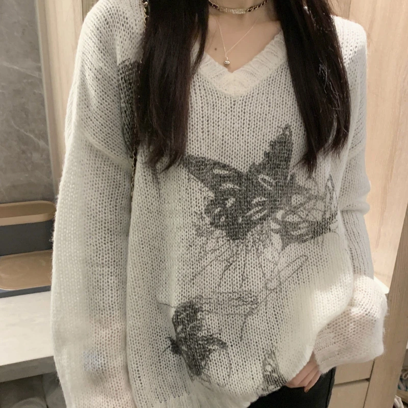 

Deeptown Y2k Gothic Sweaters Women Butterfly Print Vintage Knitted Pullover Grunge Long Sleeve Korean Style Oversize Sweaters