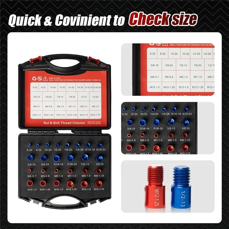ABFU-Nut And Bolt Thread Checker (Red & Blue) Nut And Bolt Size Gauge- 14 Inch & 12 Metric Assembled Thread Gauge Accessories