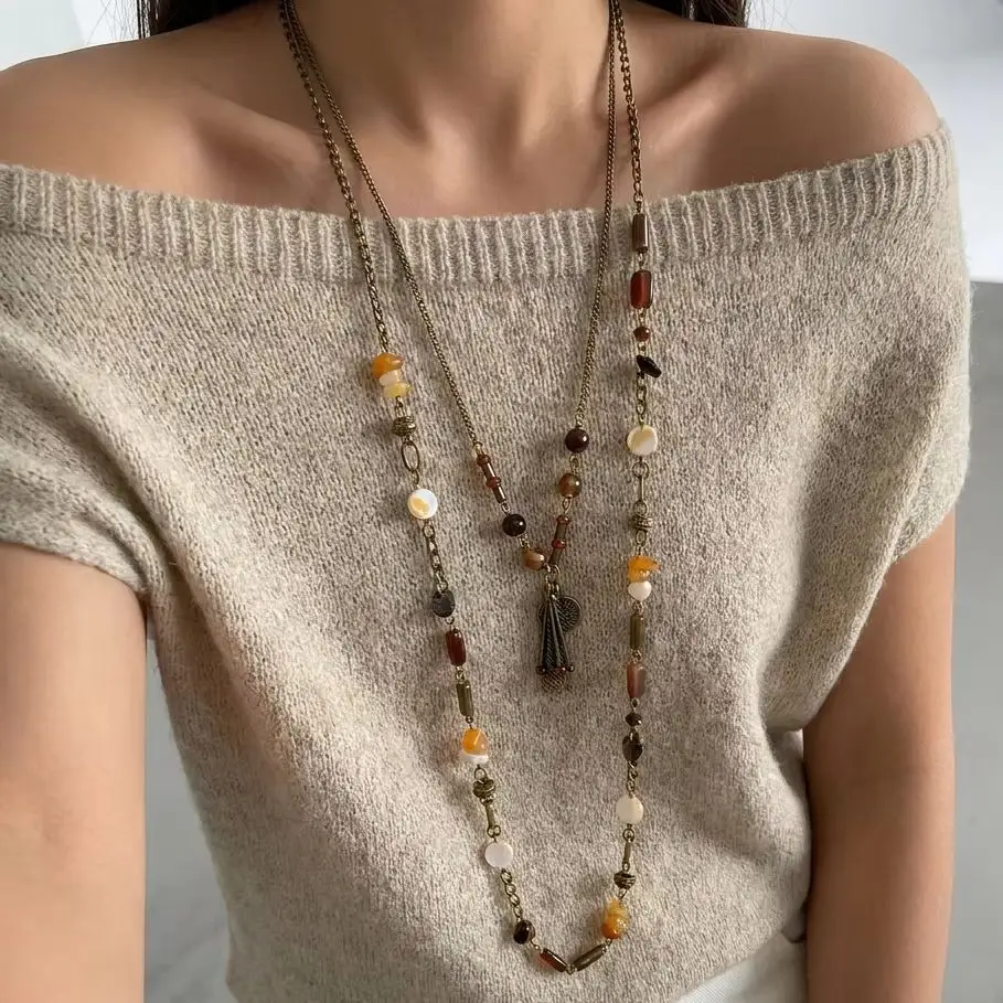Retro Stone Beads Long Necklace for Women Irregular Geometric Ceramic Layered Chain Party Statement Jewelry Accessories Gift